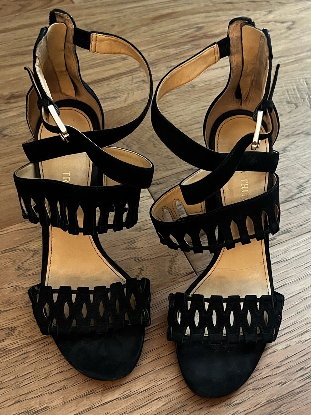 Ivanka Trump Black Strappy Fringe High Heel Sandals